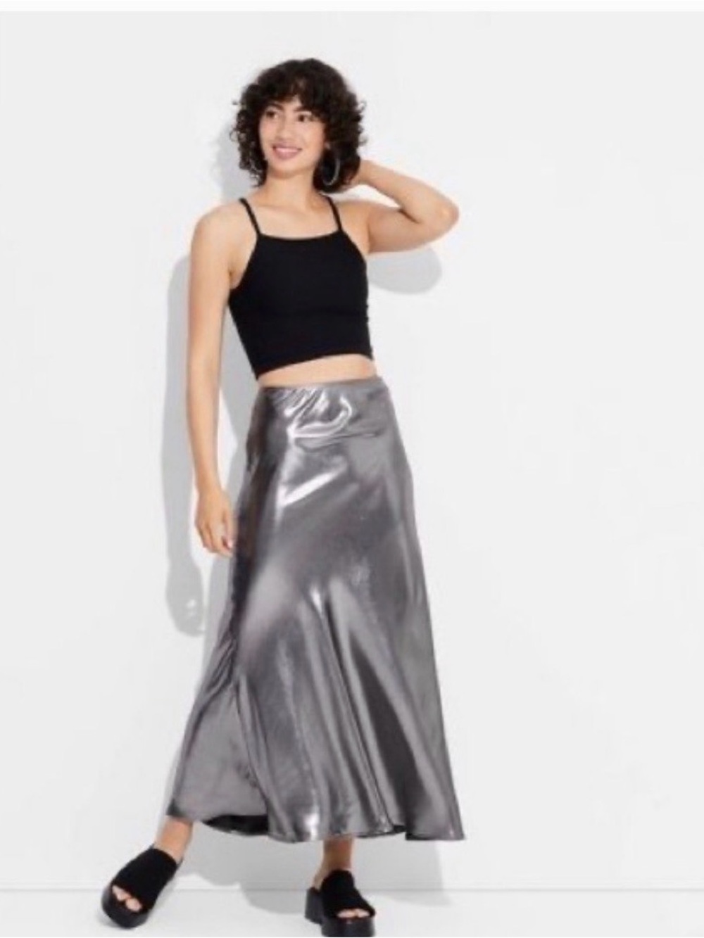 Wild Fable Women Silver Size Large Metallic Silver Satin Maxi Skirt